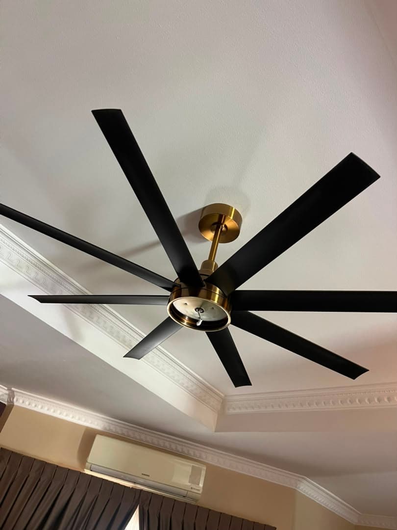 Large black and brass ceiling fan installed by KENVO on a finished ceiling with cornice detail